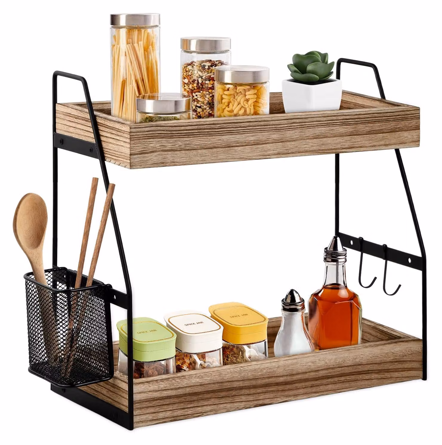 Scaffale in legno per spezie, dimensioni 35,5 x 17 x 33 cm, con 2 ripiani, un cesto appendibile e 2 ganci, ideale per la cucina