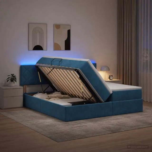 Letto con contenitore e materasso a molle vidaXL in velluto blu con illuminazione LED e porta USB L/P/H: 180 x 200 x 140 cm