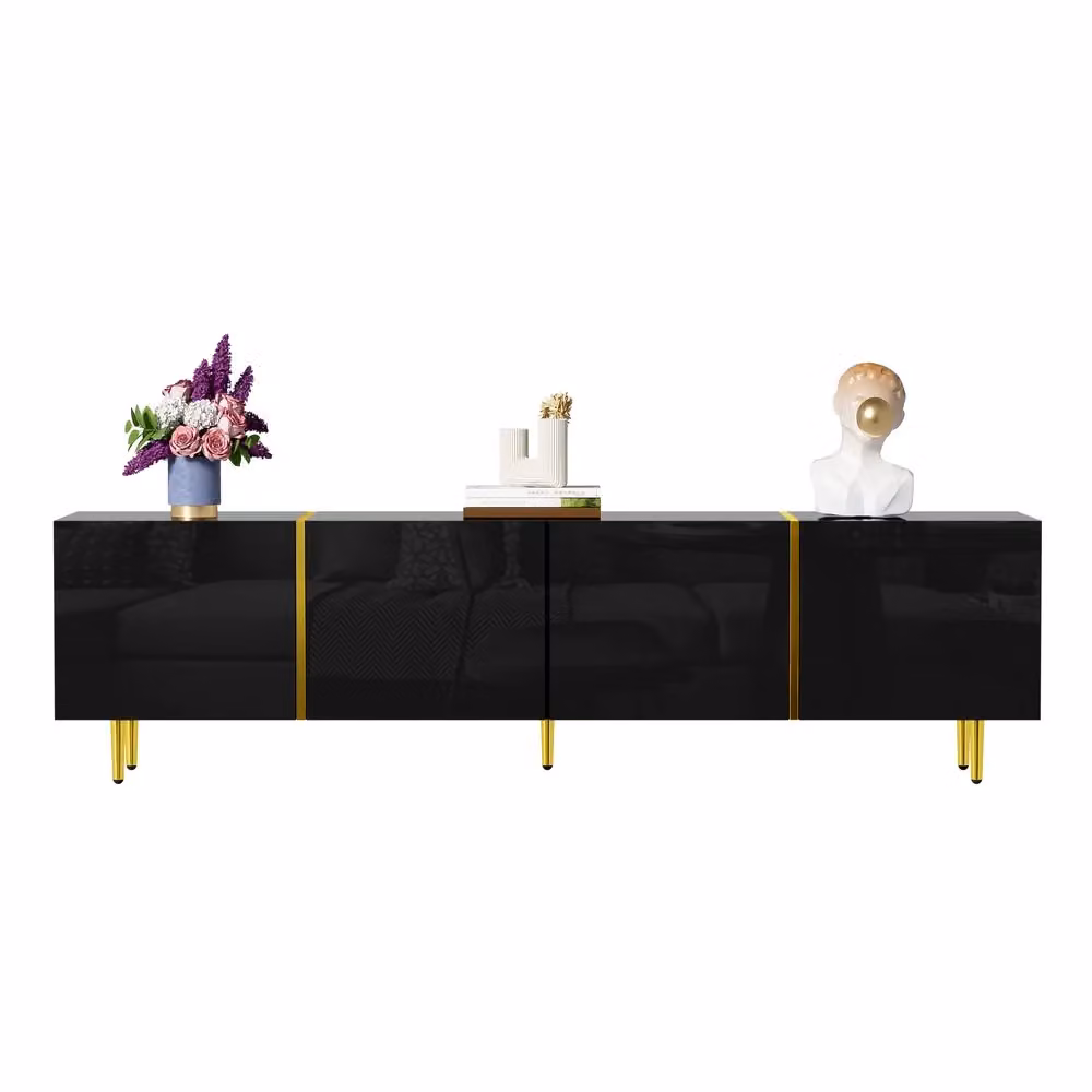 Mobile TV Minimal con 4 Ante Nero Lucido e Dettagli Oro Design Moderno L: 120 cm, P: 30 cm, H: 40 cm – 2