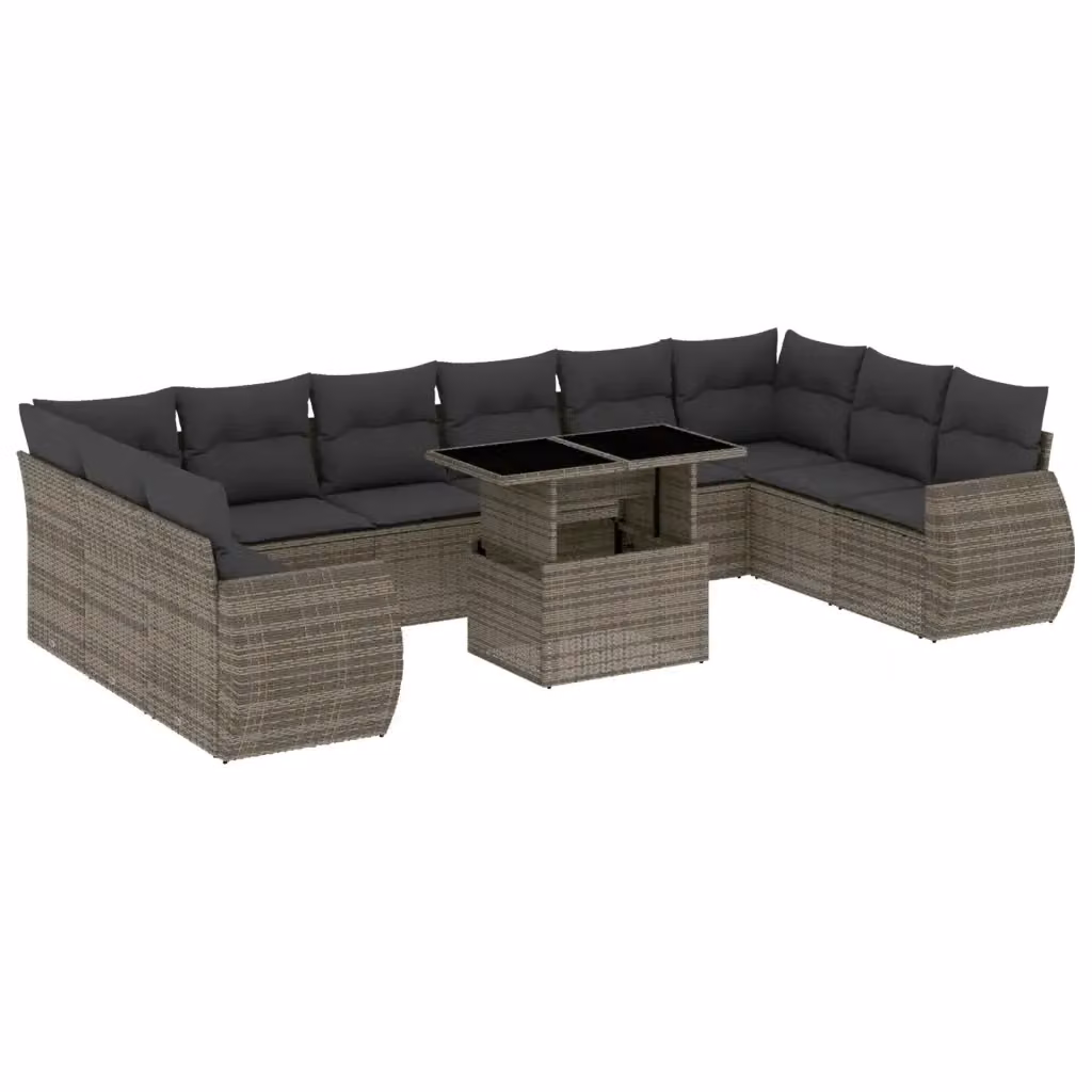 vidaXL Set Divani da Giardino 11 pz in Polyrattan Grigio con Cuscini e Tavolino da Esterno – 2