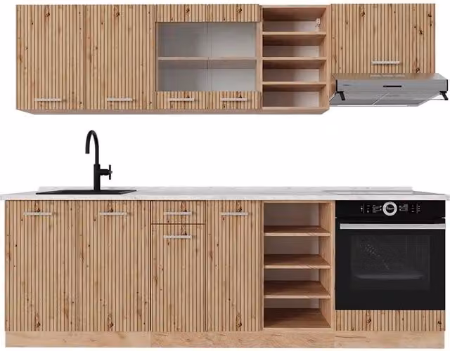 Cucina componibile moderna Vicco R-Line in rovere con piano in marmo, L: 240 cm – 1