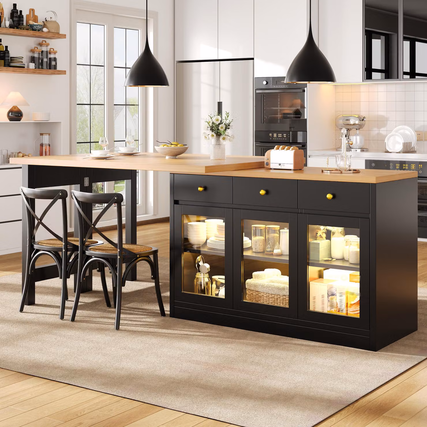 Isola da cucina STILVORA, estendibile, con illuminazione LED controllata tramite app, mobile da cucina con 3 cassetti e ante in vetro, tavolo da pranzo dal design moderno, colore nero