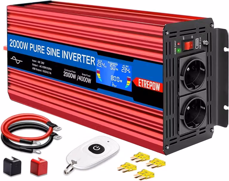 Convertitore di tensione da 24V a 230V, 2000W, onda sinusoidale pura, con telecomando