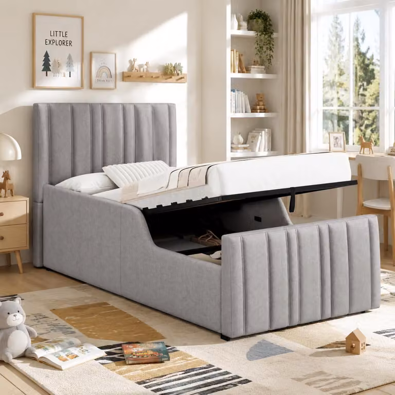 Letto imbottito okwish 90x200 con materasso e rete, lettino per bambini con cassetto e sponde di sicurezza, letto singolo grigio