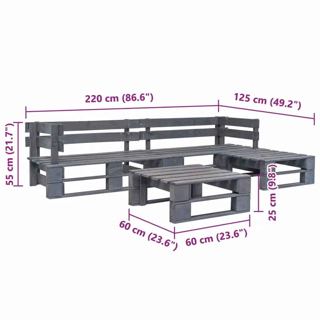 Set di Divani da Giardino a L con Pallet vidaXL in Legno di Pino Grigio con Cuscini e Tavolino – 2