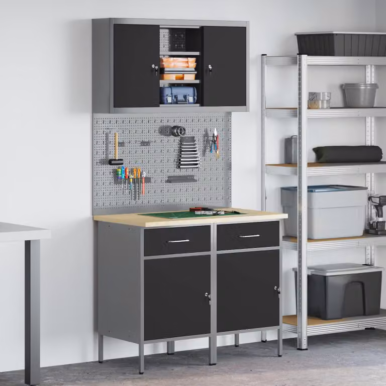 Set di mobili da lavoro vidaXL con scaffale e cassetto in acciaio e legno, 6 pezzi, Nero