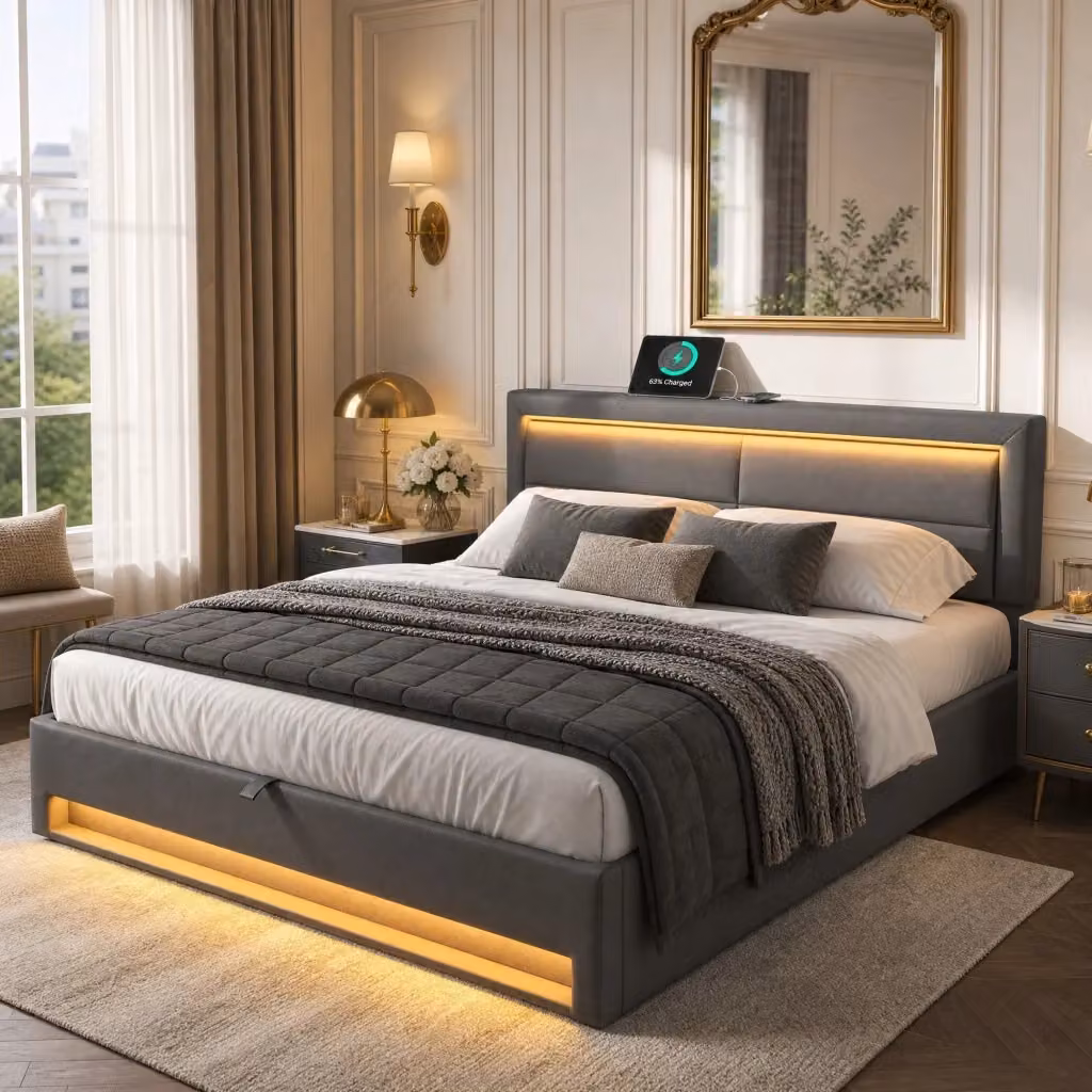 Letto contenitore Mivray con ricarica USB e LED, rivestito in ecopelle grigia, L/P: 140 x 200 cm – 2