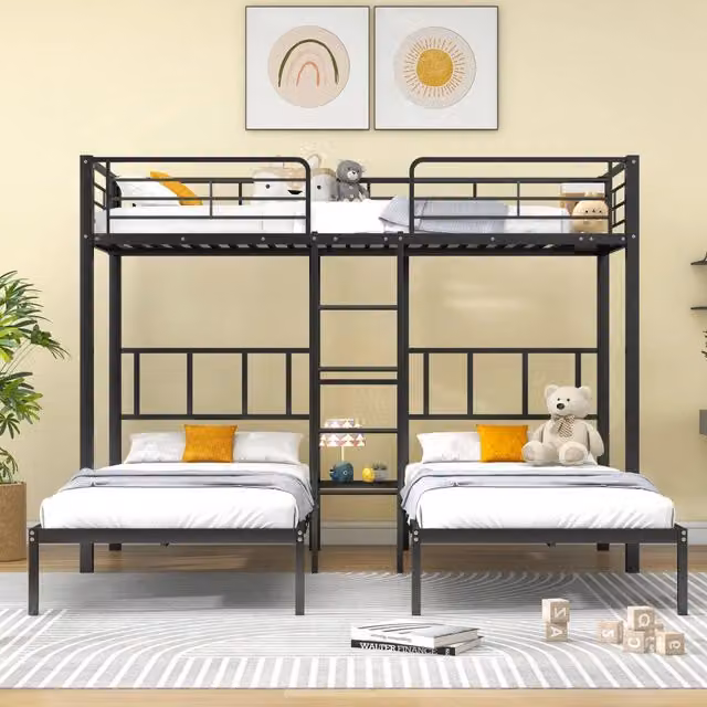 Letto a castello a 3 posti, 90 × 200 cm, scala, ripiano e tavolo, senza materasso, in metallo nero