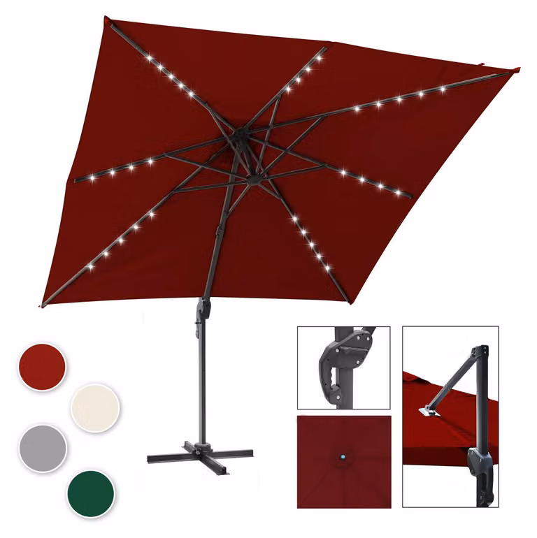 Ombrellone Izrielar LED rosso – Ombrellone da mercato per terrazza e balcone, idrorepellente, con illuminazione integrata