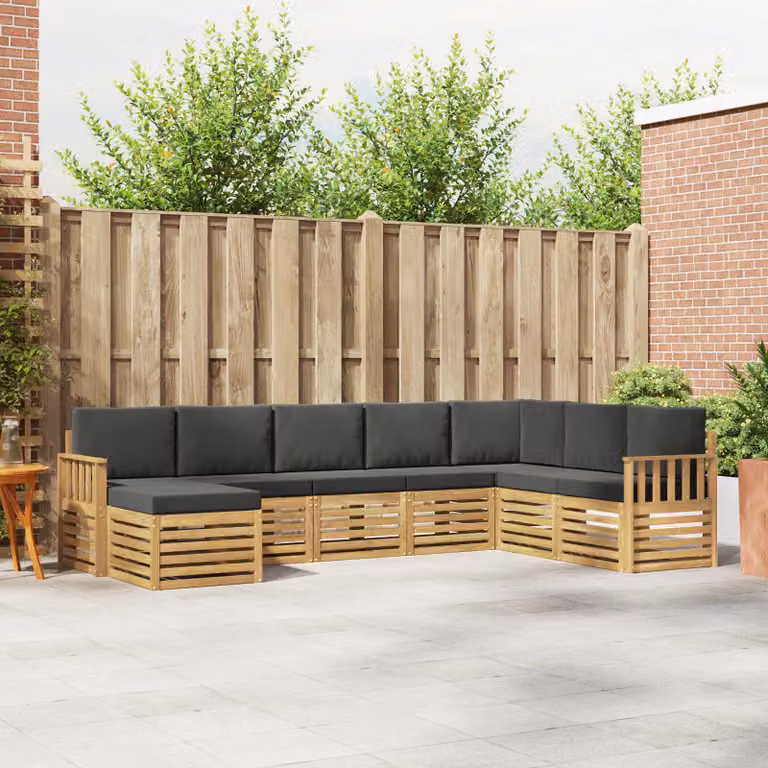 vidaXL Set di divani da esterno a L composto da 8 pezzi in legno di acacia con cuscini, colori Bianco, Antracite e Marrone