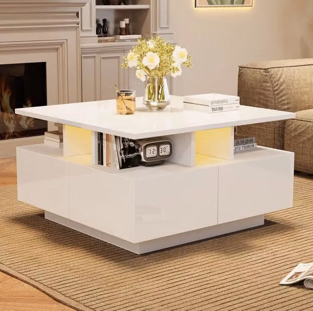Tavolino da caffè LED bianco 70×70×40 cm con 4 cassetti