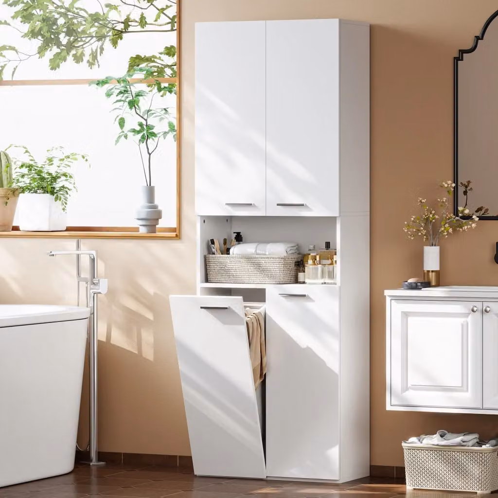 Mobile da bagno sospeso Giordanoshop in MDF bianco opaco con ante soft-close, cesto portabiancheria a ribalta e ripiano aperto L/P/H: 60 x 30 x 174 cm – 2