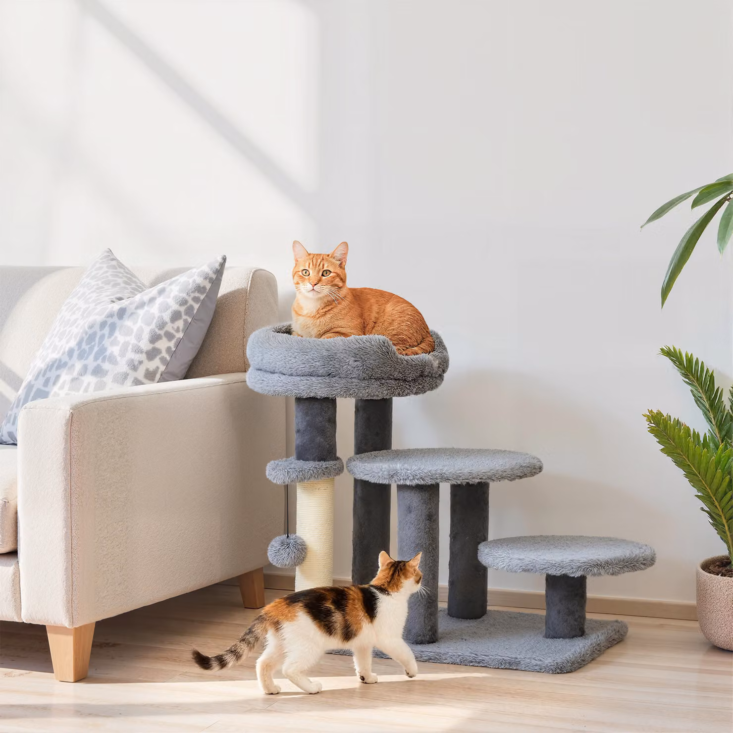Tiragraffi e scala per gatti PawHut con base ampia, palo in sisal sostituibile e tessuto in peluche, grigio – 2