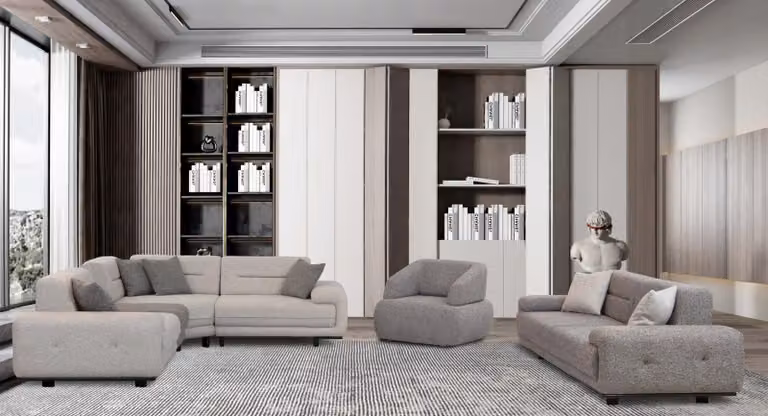 Divano moderno, set composto da: divano angolare, divano a 3 posti, poltrona, poggiapiedi, colore grigio e beige