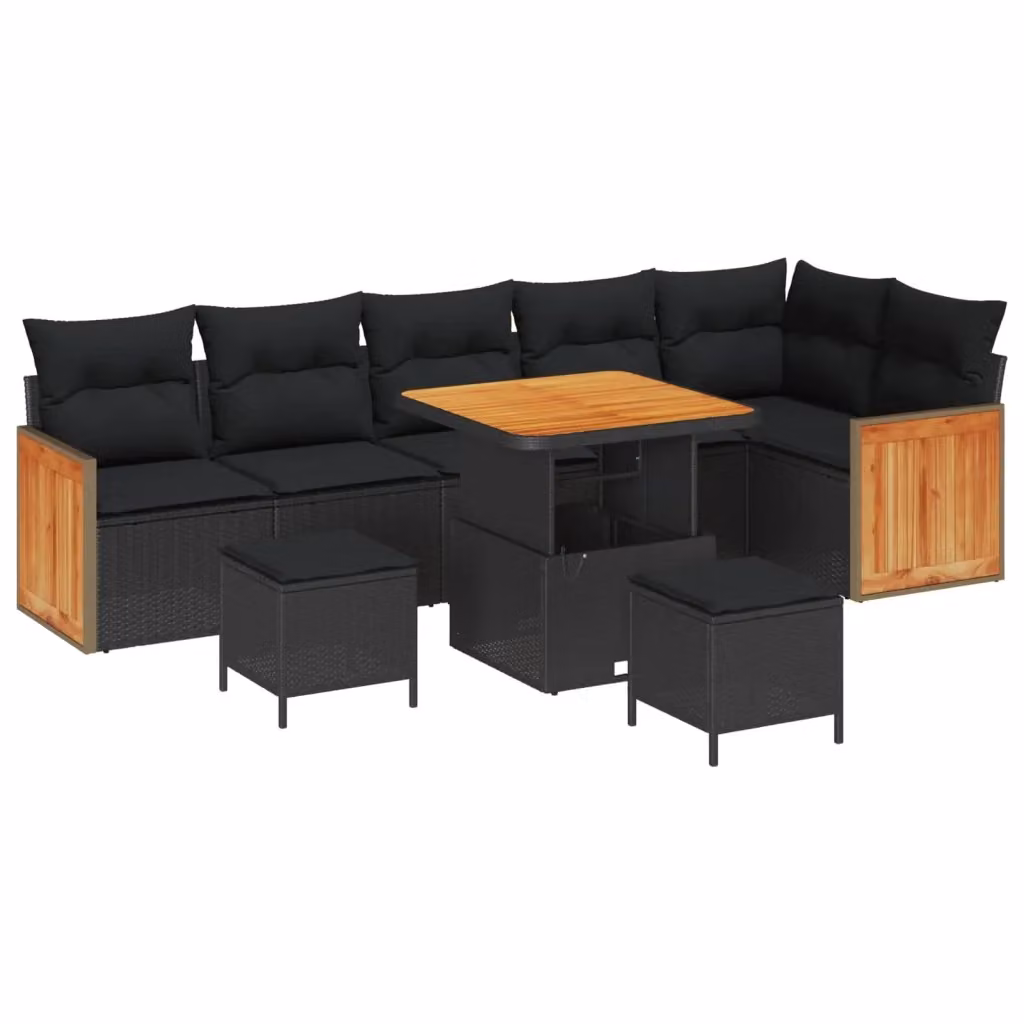 Set Divano da Giardino a L vidaXL con Tavolino e Ottoman, Nero, 9 Pezzi – 2
