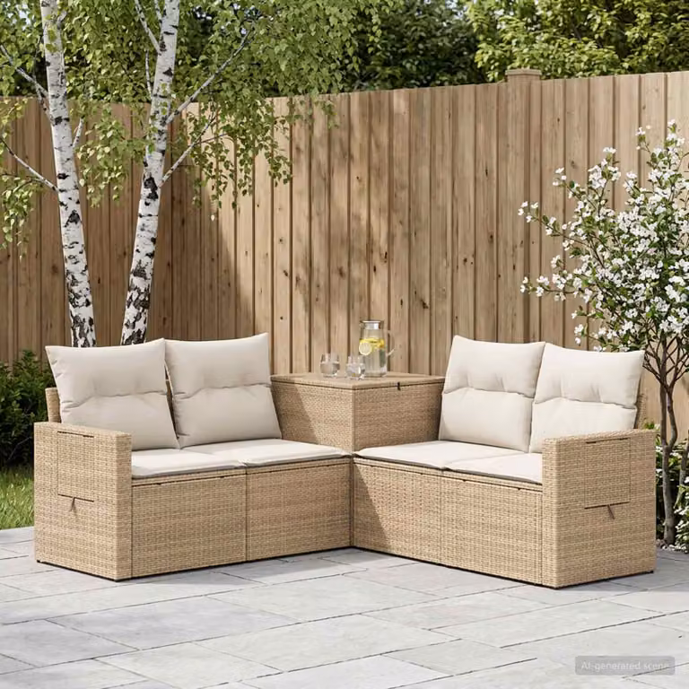 Set di divani da giardino vidaXL in polyrattan beige e bianco con cuscini inclusi e design a L moderno