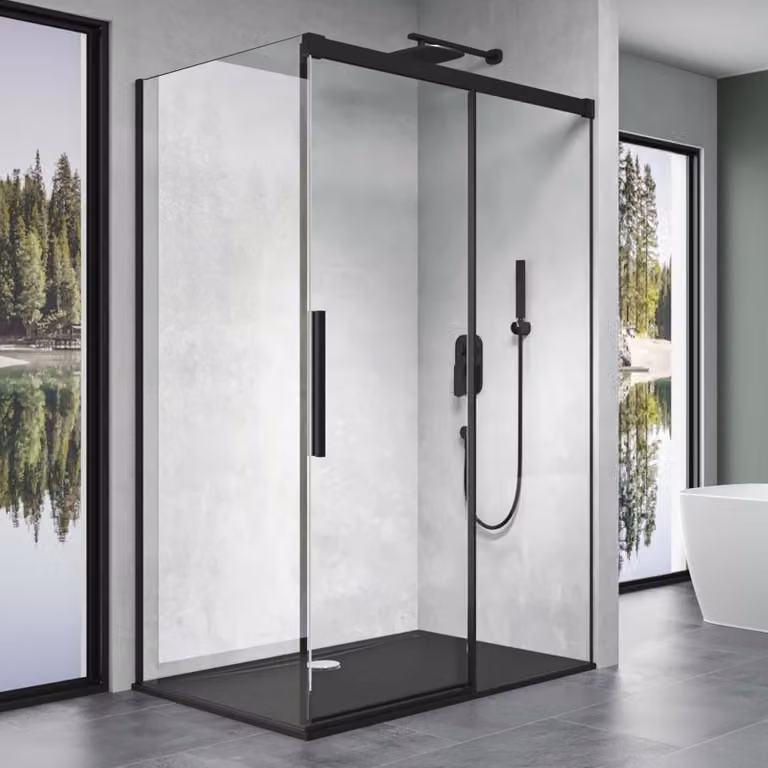 doporro Box Doccia 80x100x195cm, Cabina Doccia Angolare con Porta Scorrevole Soft-close in Profilo Nero Vetro di Sicurezza ESG Vetro Trasparente Incluso Rivestimento Ravenna12k
