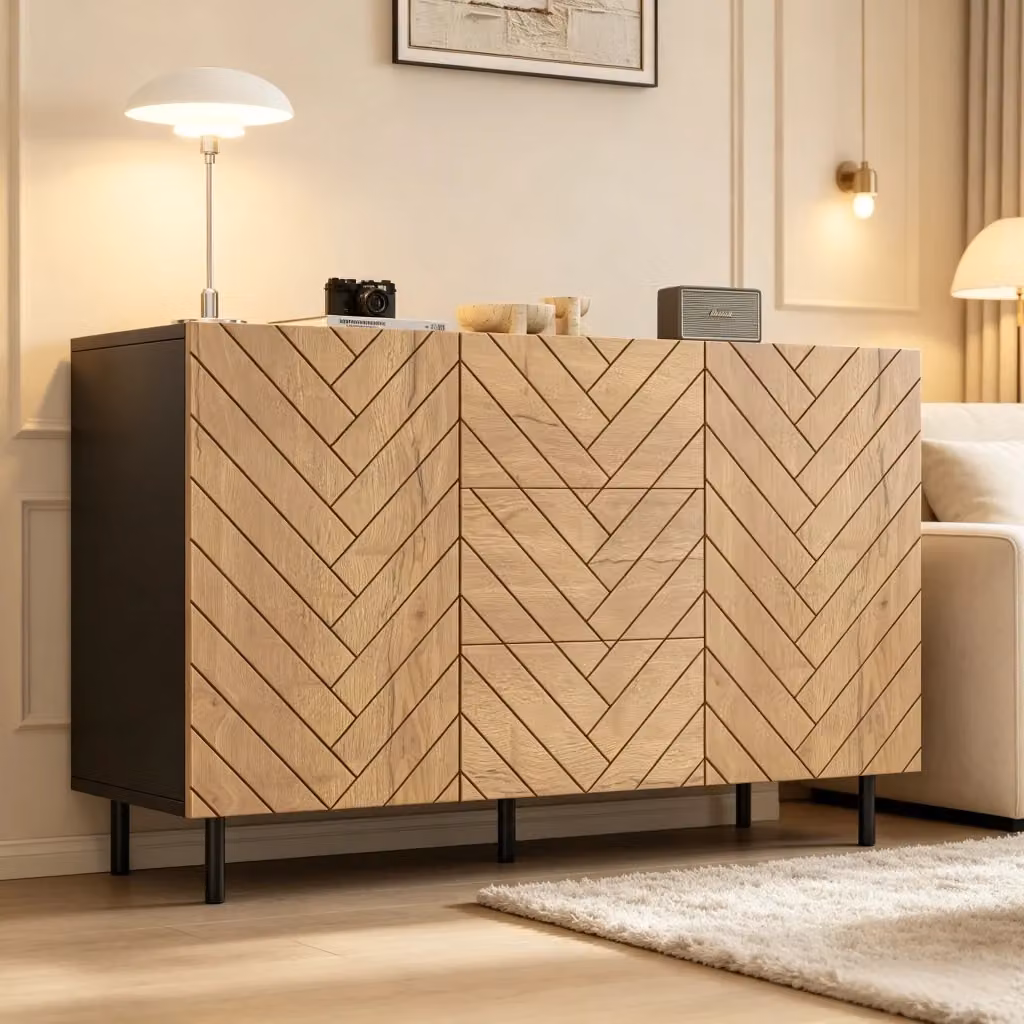 Credenza moderna con 3 cassetti e 2 armadietti in MDF effetto legno naturale e nero L/P/H: 120 x 40 x 76 cm – 2