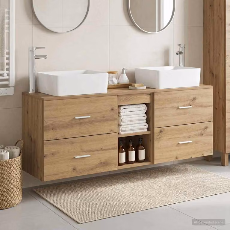 Set di mobili da bagno moderni vidaXL in legno marrone, composto da 3 pezzi con base lavabo e armadietti laterali, L 136 x P 35 x H 80 cm