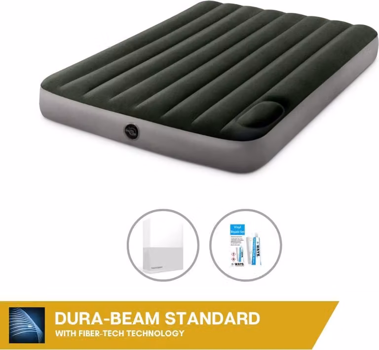 Letto ad aria Intex - 2 persone - 137 x 191 x 25 cm - Verde - Con pompa a pedale incorporata + lenzuola bianche + set di riparazione
