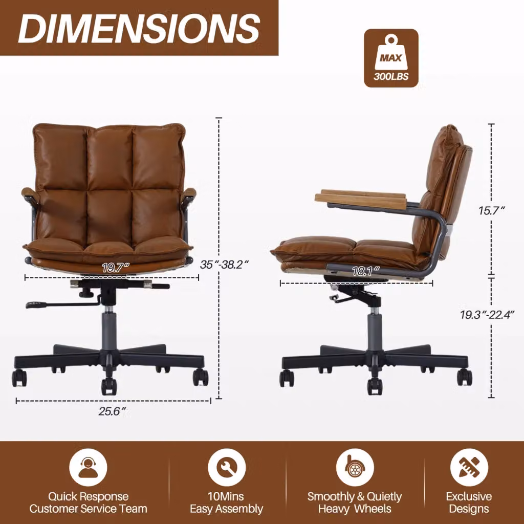 Sedia da ufficio ergonomica OKWISH in pelle sintetica marrone con braccioli in metallo e rotazione a 360 gradi – 2