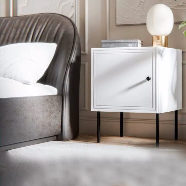 Comodino DMORA con un ripiano, design moderno geometrico, Bianco opaco, L 45 cm x P 39 cm x H 59 cm