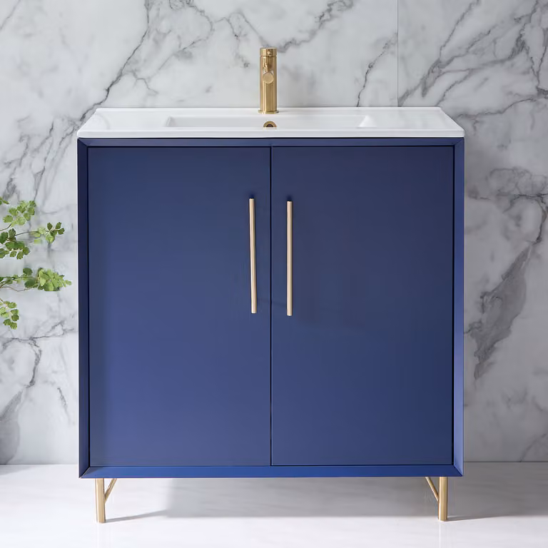 Mobile Bagno Blu Marino 810mm Con Lavabo Maniglie Barra Oro Satinato