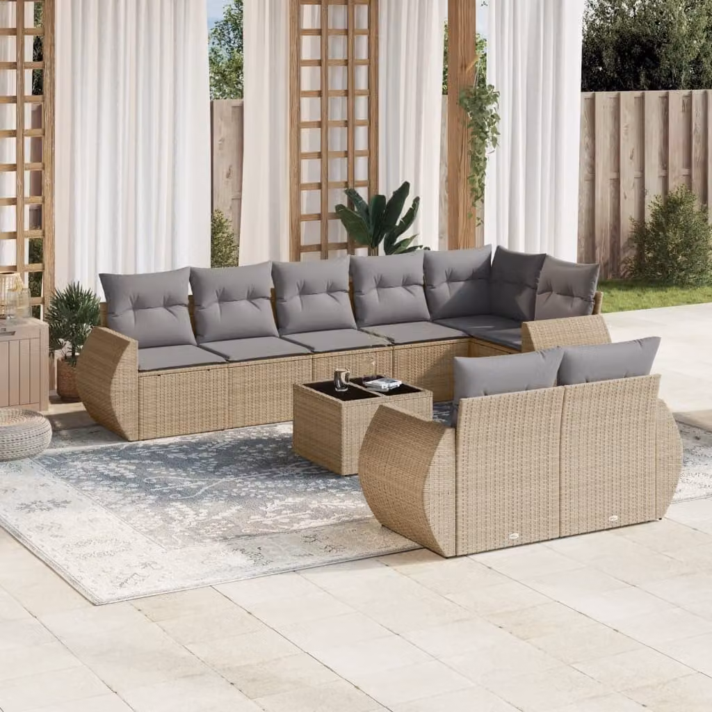 vidaXL Set Divano da Giardino 9 pz a Forma di L con Cuscini Beige e Tavolino in Vetro – 1