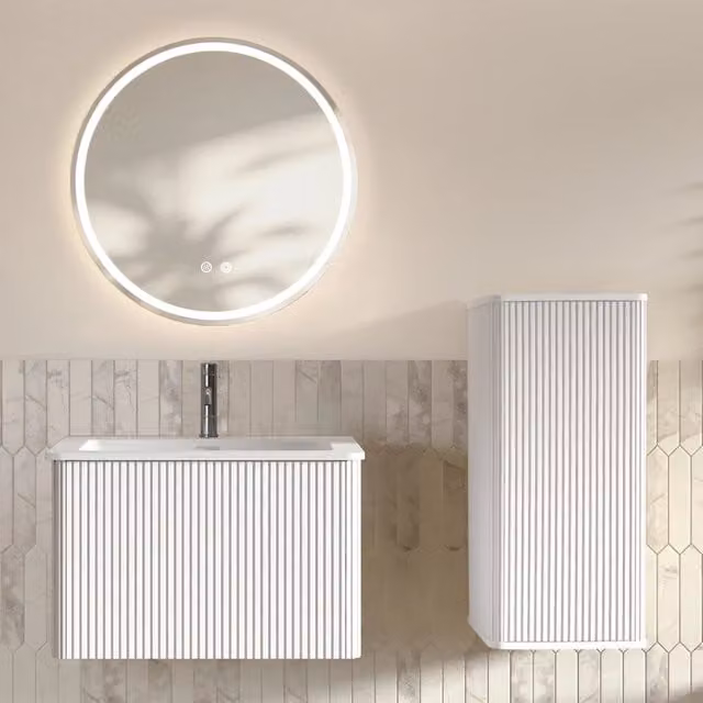 Set Mobile Bagno Bianco: Mobile Sospeso 60cm con Lavabo, Specchio LED Rotondo 60cm e Colonna Laterale