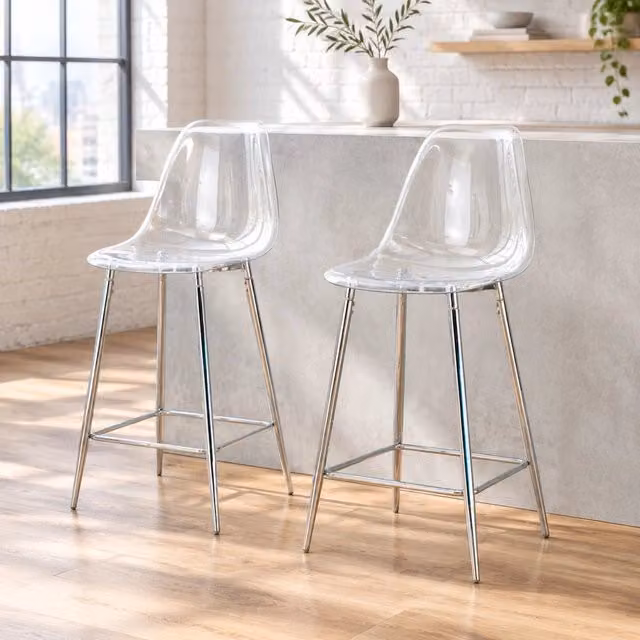 Sgabello da bar Mivray moderno con seduta trasparente in plastica e struttura in metallo argento per cucina e soggiorno