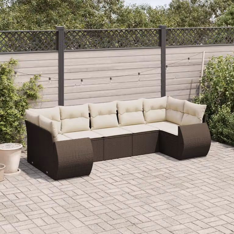 vidaXL Set Divani da Giardino 7 pz a L in Polyrattan Marrone e Bianco con Cuscini e Coperture Rimovibili