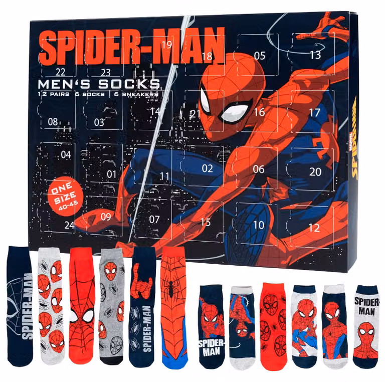 Calendario dell'avvento Marvel Spiderman con 12 paia di calzini taglia 40-45 per uomo Calendario di Natale con scarpe da ginnastica e calzini lunghi