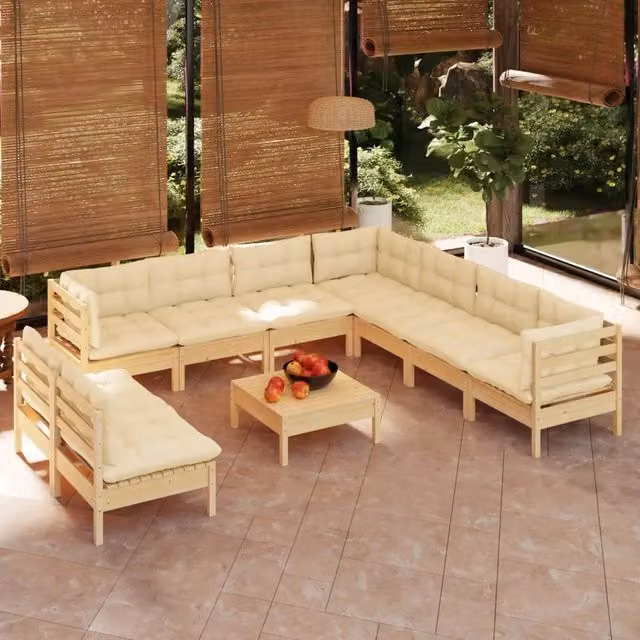 Set di divani da giardino vidaXL in legno massello di pino con cuscini beige, 10 pezzi
