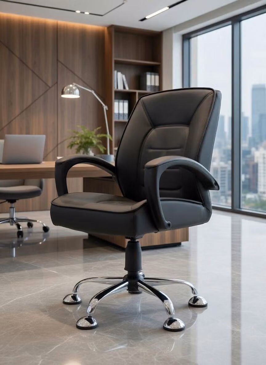 Sedia da ufficio nera, con seduta robusta e braccioli confortevoli