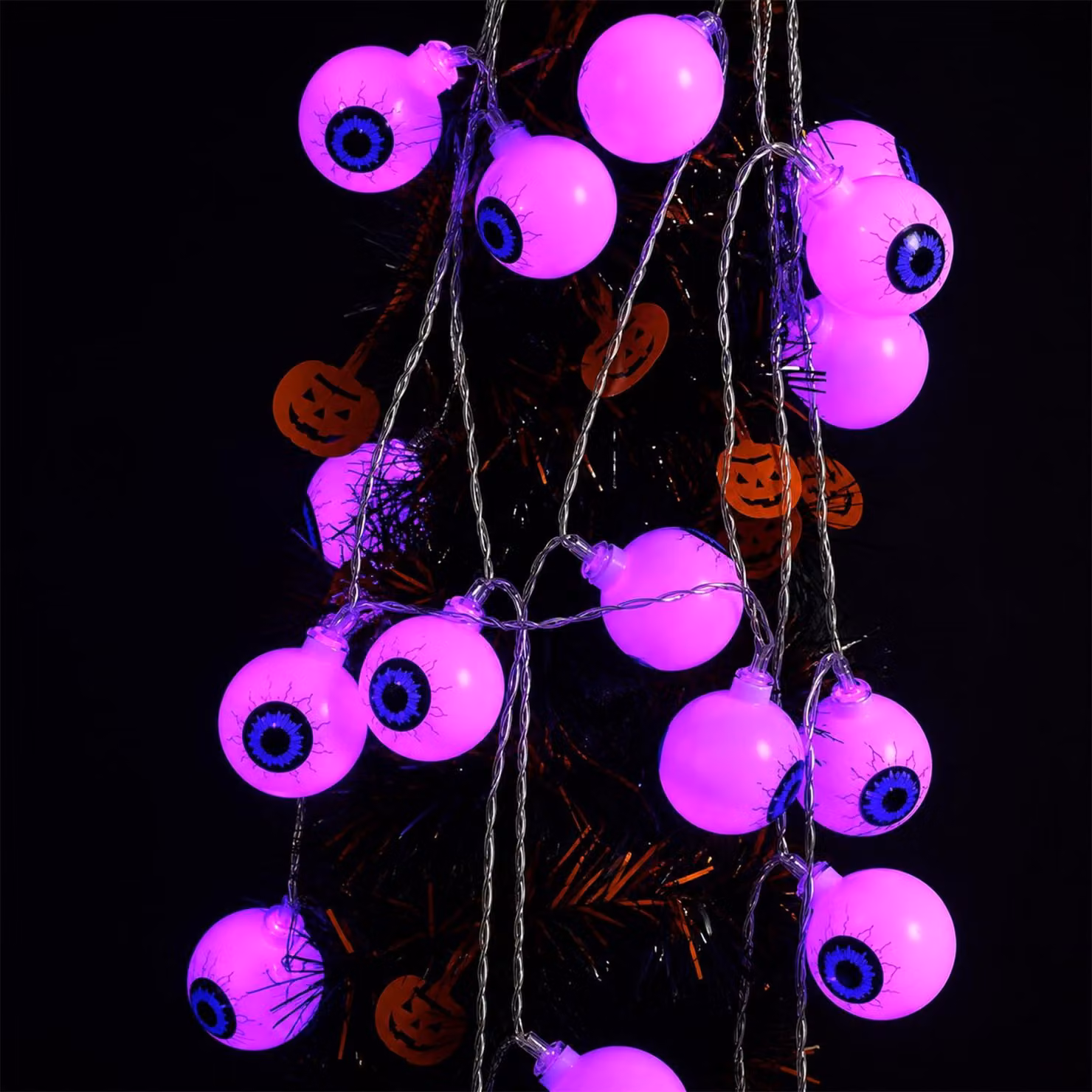 Catena luminosa a tema Halloween, lunghezza 3 metri, 20 occhi di fantasma viola a LED, alimentata a batteria