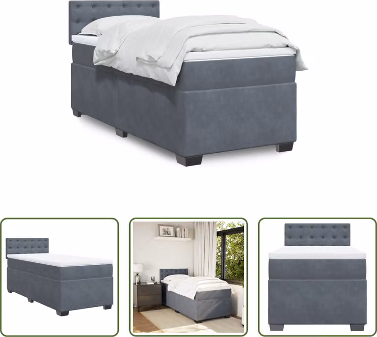The Living Store Letto a molle con materasso grigio scuro 90x190 cm in velluto