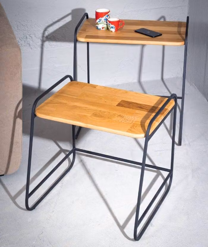 Hellbraunes Couchtisch-Set Wohnzimmer 2x Beistelltische Metalltische