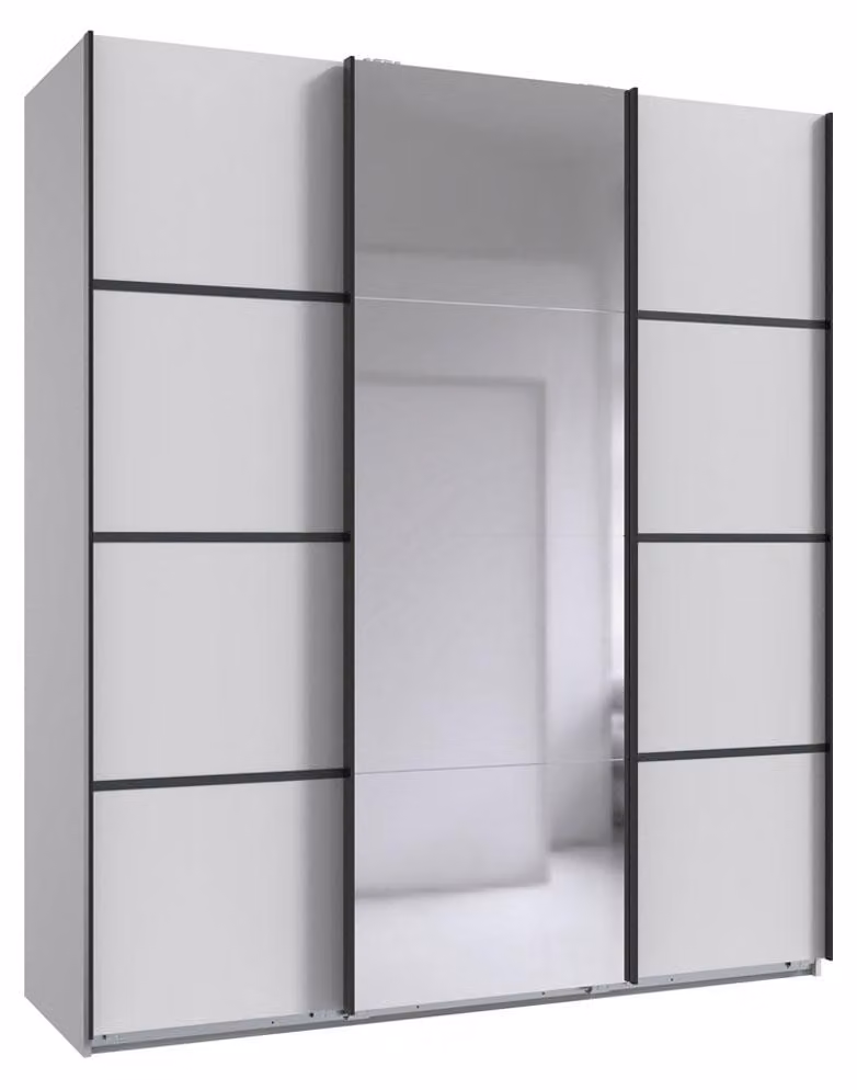 Armadio Jork design ad ante scorrevoli con specchio selezionabile a 3 ante, bianco / grafite