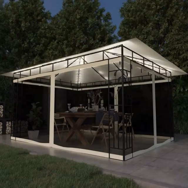 Gazebo con Zanzariera e Luci LED 4x3x2,73 m Crema 3070315