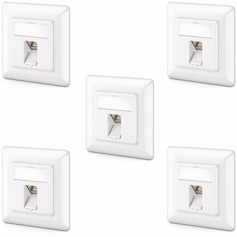 deleyCON, presa di rete CAT6a da incasso, connettore RJ45 Keystone, 10 Gbps, 5 pezzi - Bianco – Set composto da 5 prese di rete e 5 connettori Keystone
