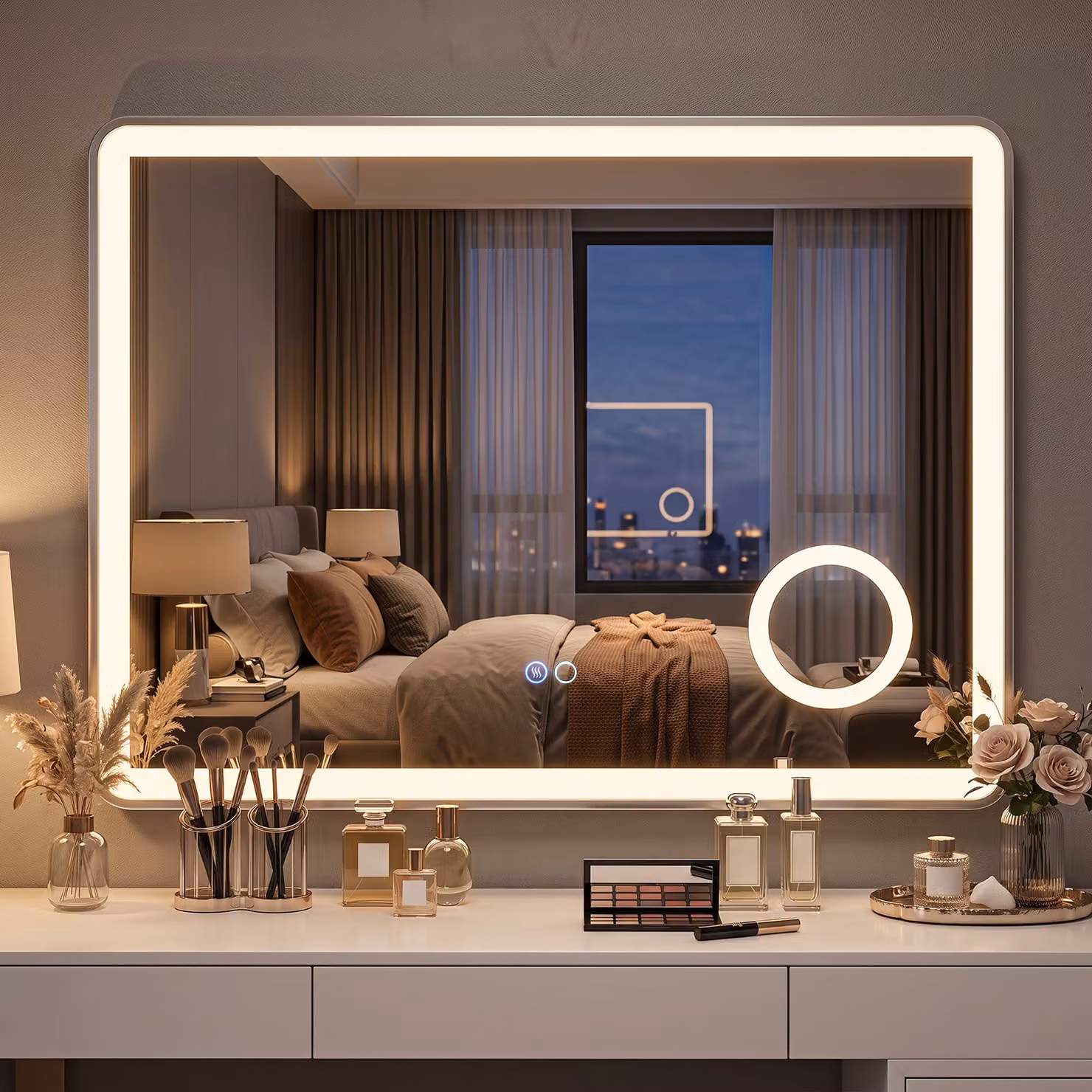 Specchio da bagno da parete Costway con luce LED dimmerabile, funzione antiappannamento e lente d'ingrandimento 3x, disponibile in bianco o argento