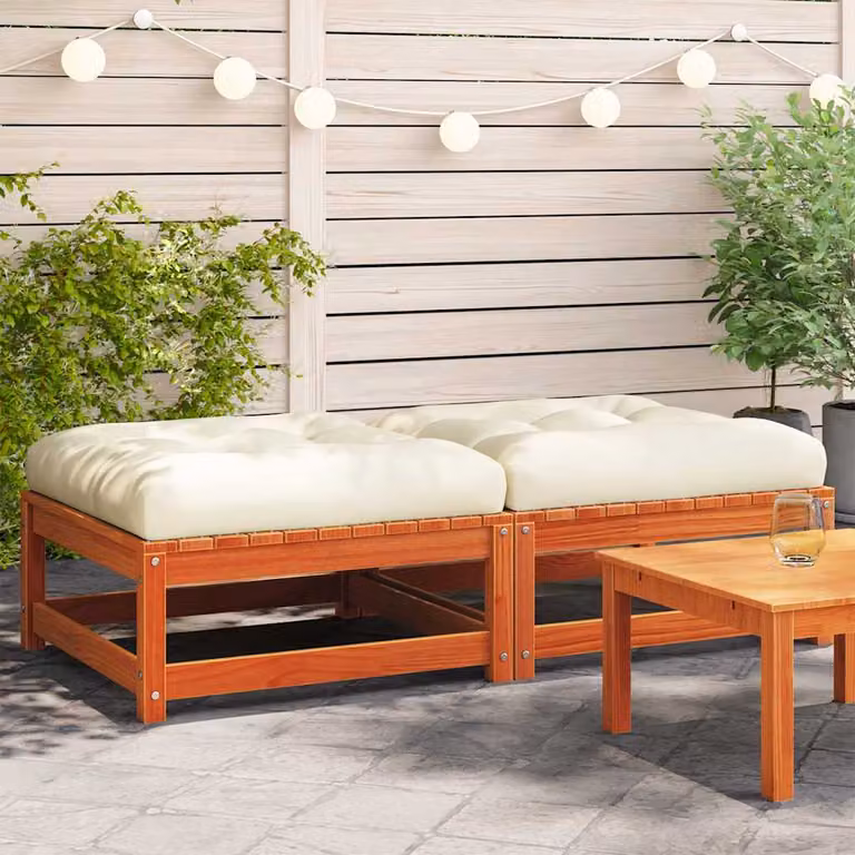 Set di 2 poggiapiedi da giardino vidaXL in legno di pino cerato marrone con cuscini beige