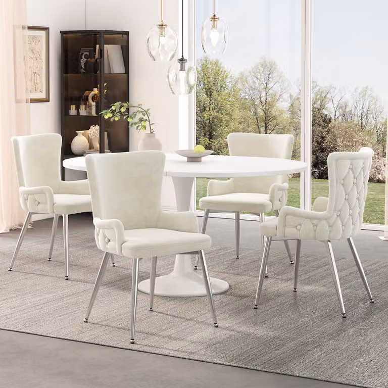 Set di 4 sedie Flieks, sedia da sala da pranzo con rivestimento in velluto, elegante poltrona lounge con gambe in metallo argentato, sedie da cucina e da soggiorno, beige