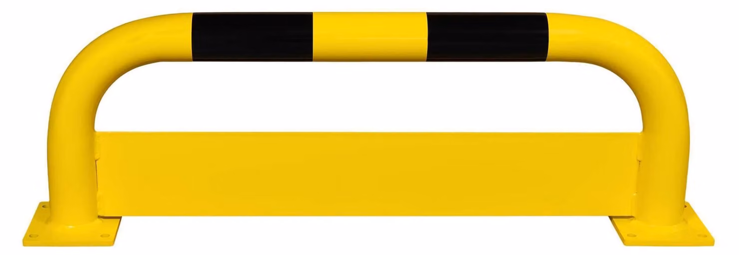 Barra paracolpi, con protezione antincastro, tubo tondo 76/3,0 mm, curvata, da fissare con tasselli, LxH 1000x350 mm, interno, rivestita in giallo con strisce nere