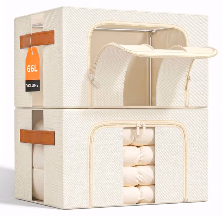 Omgoods - Contenitore pieghevole per abbigliamento con struttura in metallo, color beige (2 x 66 litri)