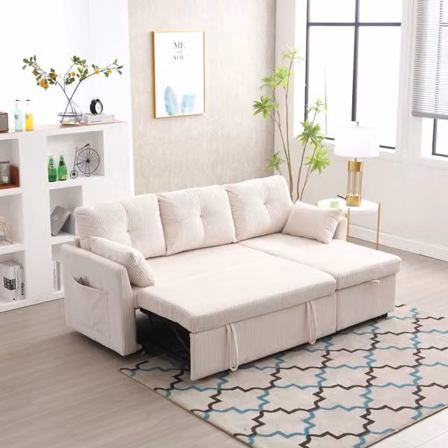 Divano letto modulare 206x108x66-88 cm con contenitore in velluto a coste beige