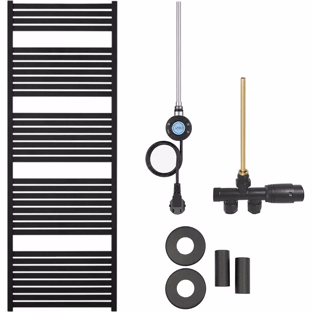 Kit radiatore per bagno Vincenzo - riscaldamento combinato, antenna Wi-Fi - collegamento laterale a un punto - 600W - nero opaco - 1690x600 mm
