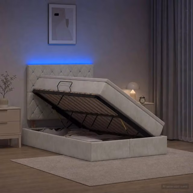 Letto con contenitore e materasso vidaXL in tessuto grigio con illuminazione LED e porta USB L/P/H: 204 x 120 x 140 cm