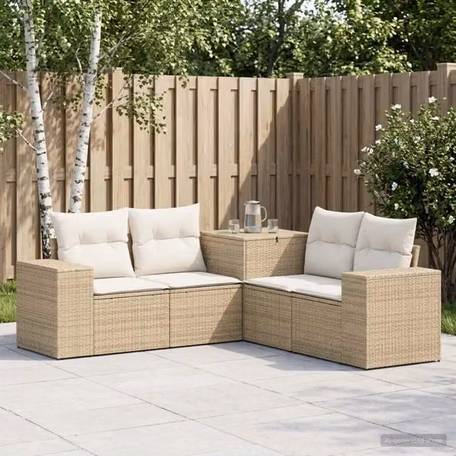 Set di divani da giardino a forma di L vidaXL in polyrattan beige e bianco con cuscini inclusi