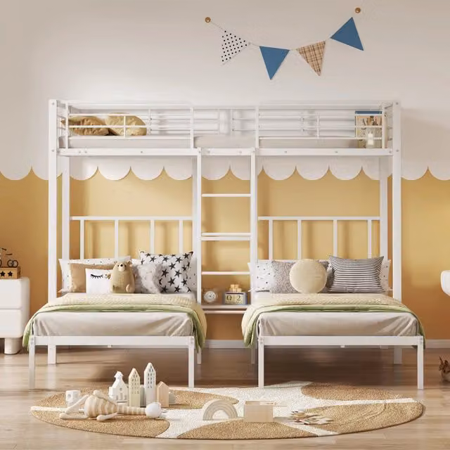 Letto a castello triplo 90 × 200 cm 3 posti con scala, ripiano e tavolo, senza materasso, metallo bianco